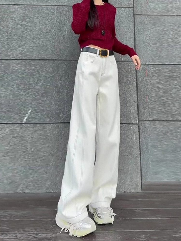 春季加绒牛仔裤女春秋今年流行的爆款白色垂感窄版阔腿裤显瘦裤子