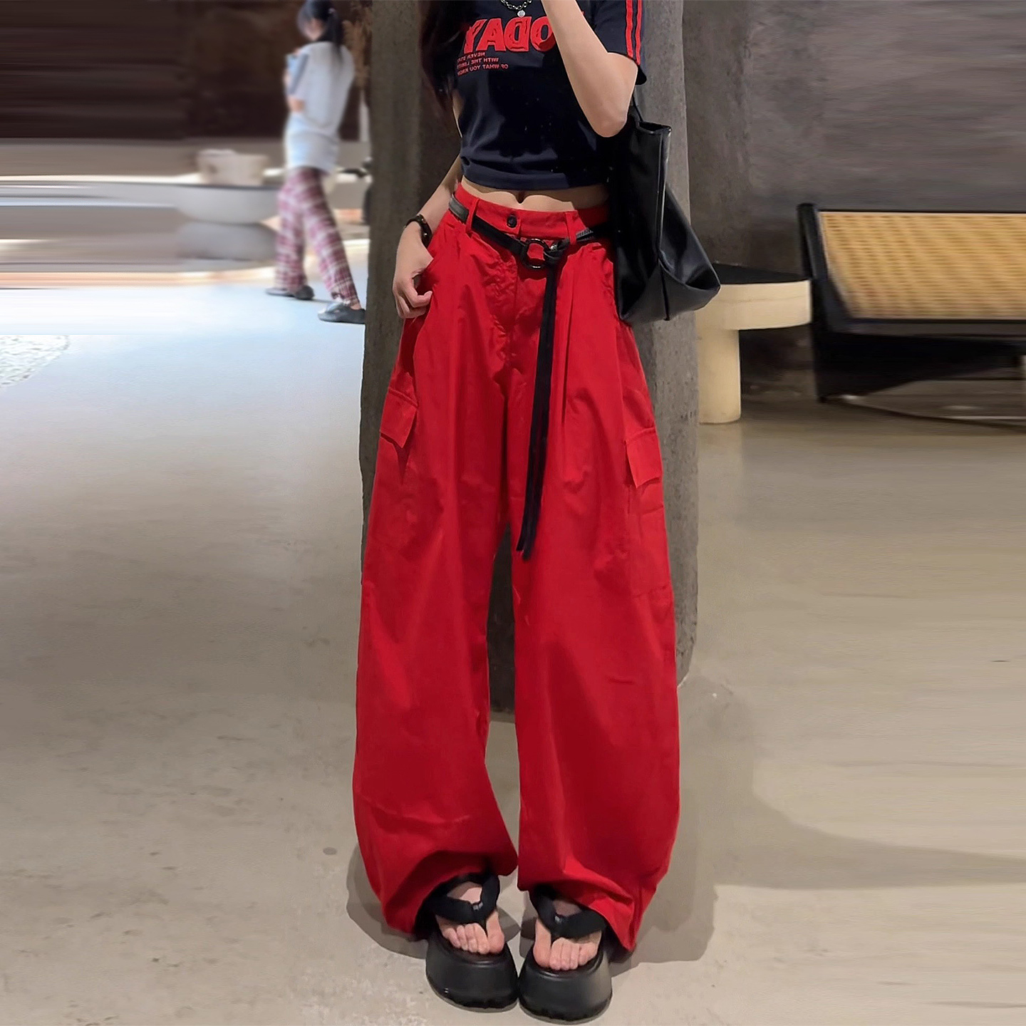 酷飒风红色冰丝速干 干工装裤女夏薄2025新款高腰显瘦时尚洋派伞