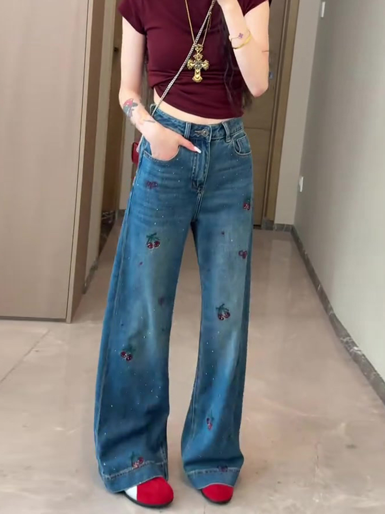 巨好看的覆古蓝刺绣阔腿牛仔裤女2025秋季新款高腰显瘦垂感直筒裤