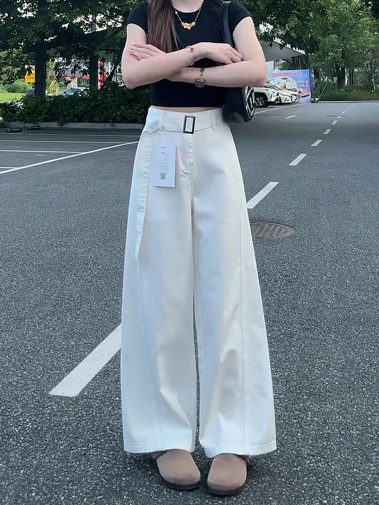 极简风白色阔腿牛仔裤女2025秋新款宽松休闲小个子高腰显瘦弯刀裤,女装/女士精品,大码裤装,淘宝优惠券,粉丝福利购,淘宝优惠卷