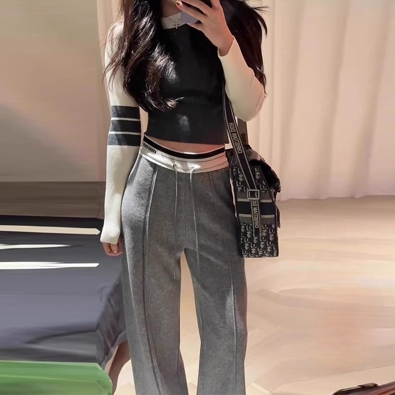 春季灰色美式拼接垂感宽松运动裤女春秋2025新款高腰显瘦阔腿裤子