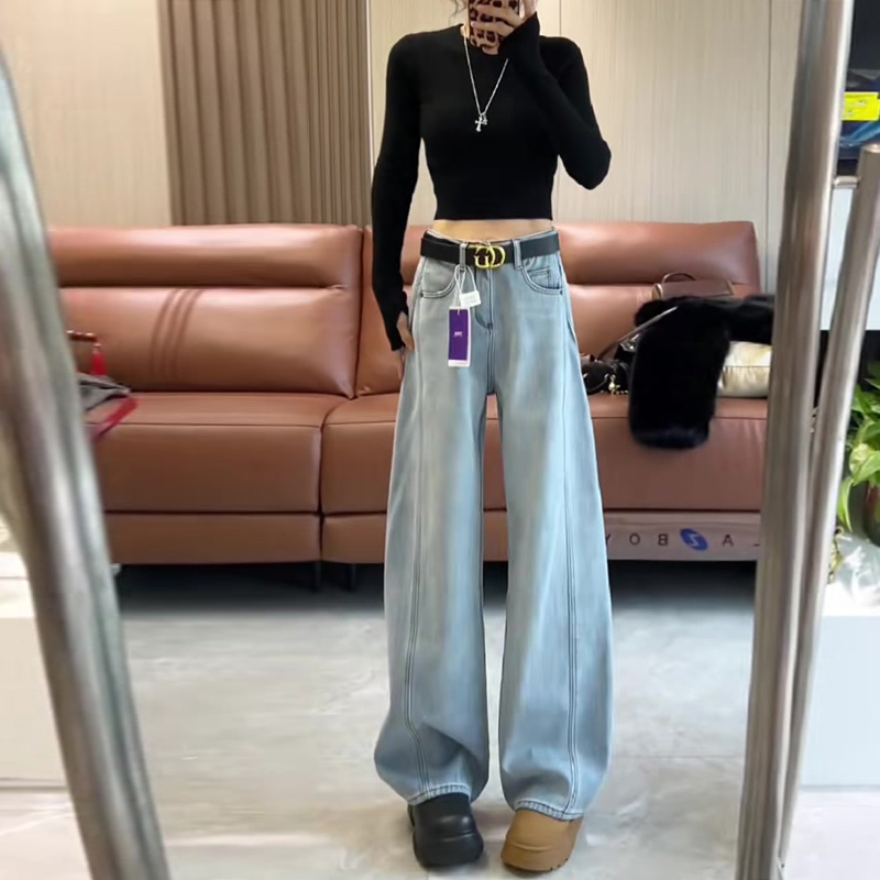 春季覆古水洗直筒牛仔裤女2025年新款蓝色宽松窄版阔腿弯刀裤春秋
