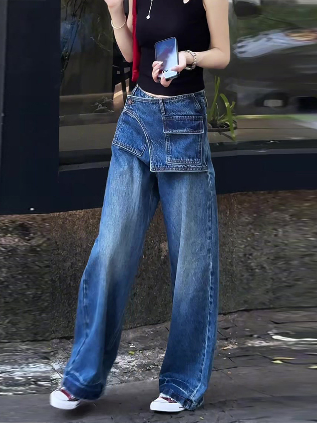 覆古蓝色水洗阔腿牛仔裤女秋季2025新款高腰显瘦假两件宽松直筒裤