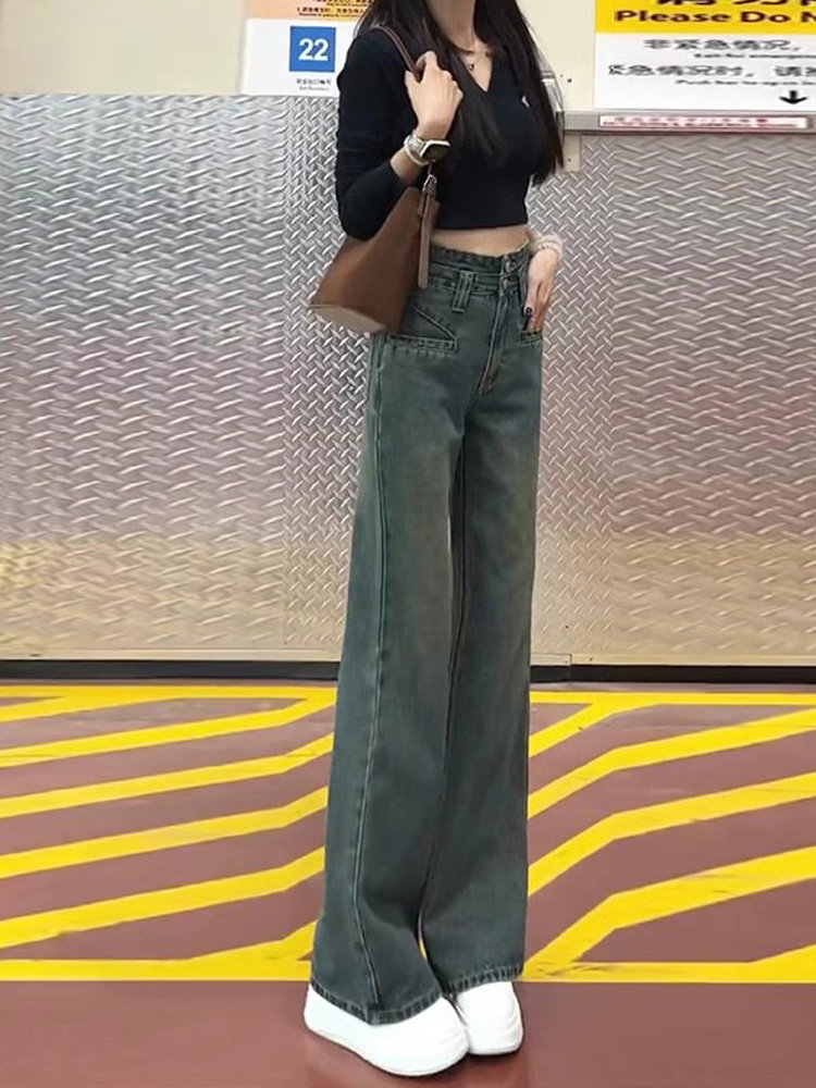 春季牛仔阔腿裤女2025年春秋新款小个子高腰显瘦垂感窄版直筒裤子,女装/女士精品,大码裤装,淘宝优惠券,粉丝福利购,淘宝优惠卷