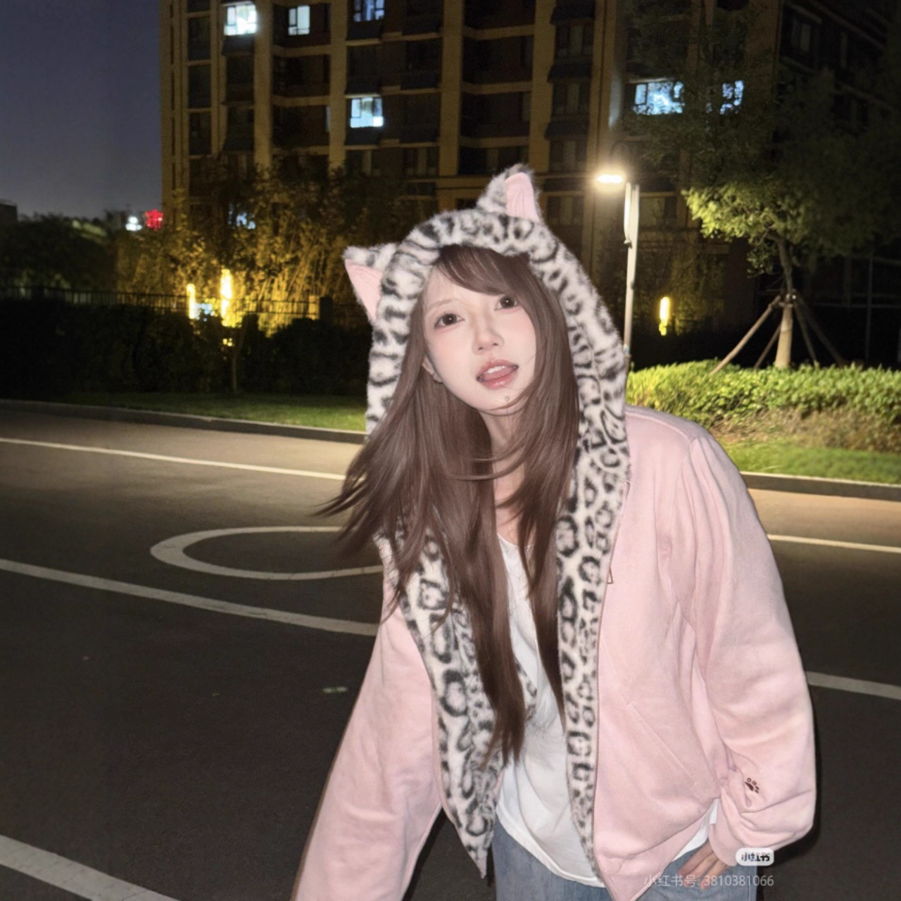 冬季可爱粉色兔耳保暖棉服时尚外套女豹纹内里拉链连帽加厚棉衣潮