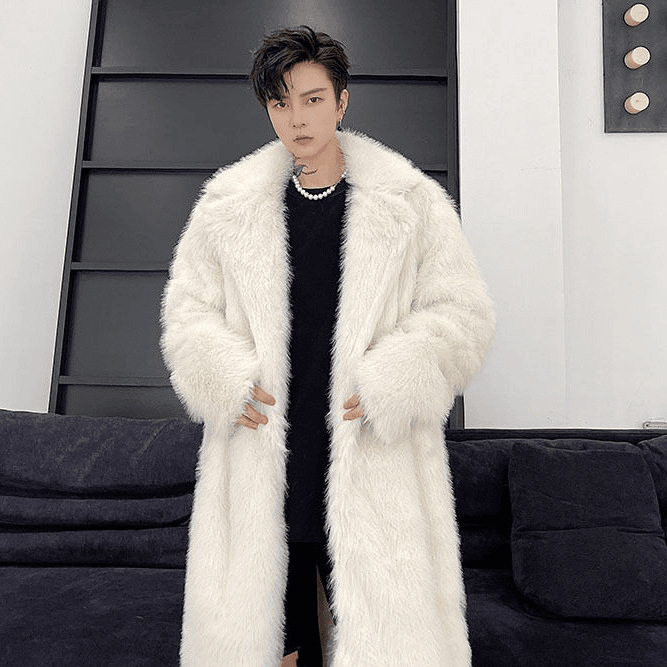 跨境男士秋冬中长款仿皮草外套仿狐狸毛美拉德帅气毛毛绒保暖棉衣