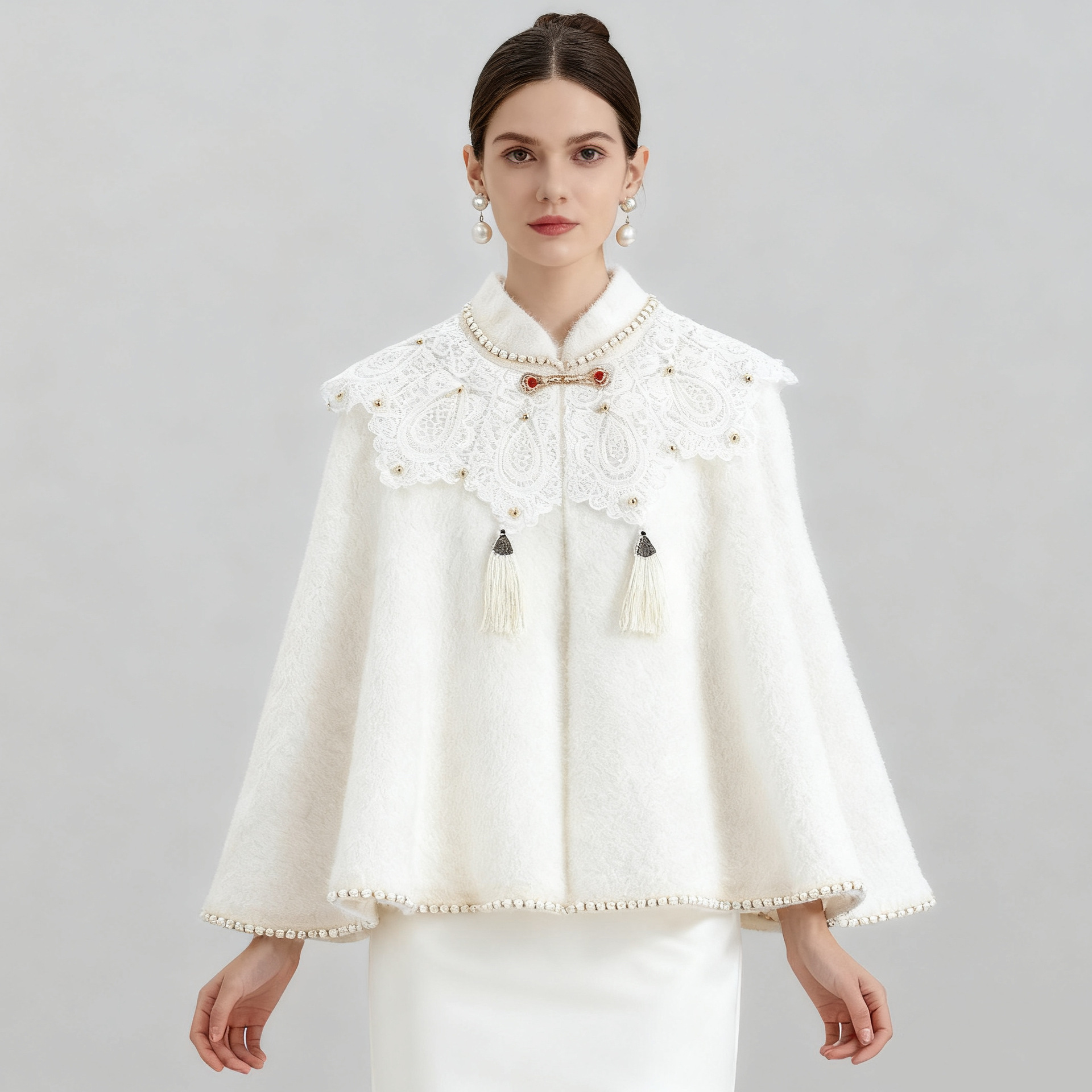 107#新款仿貂绒中式钉珠披肩配裙子旗袍复古敬酒服外搭斗篷外套女