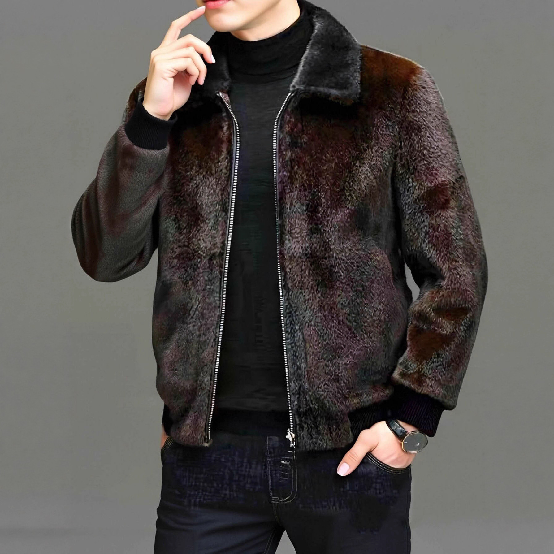 秋冬季新款男士皮草夹克翻领保暖短款外套厚海宁皮草加厚保暖夹克