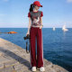 女夏季 新款 修身 小众不撞款 T恤红色阔腿裤 套装 显瘦短袖 两件套 时尚