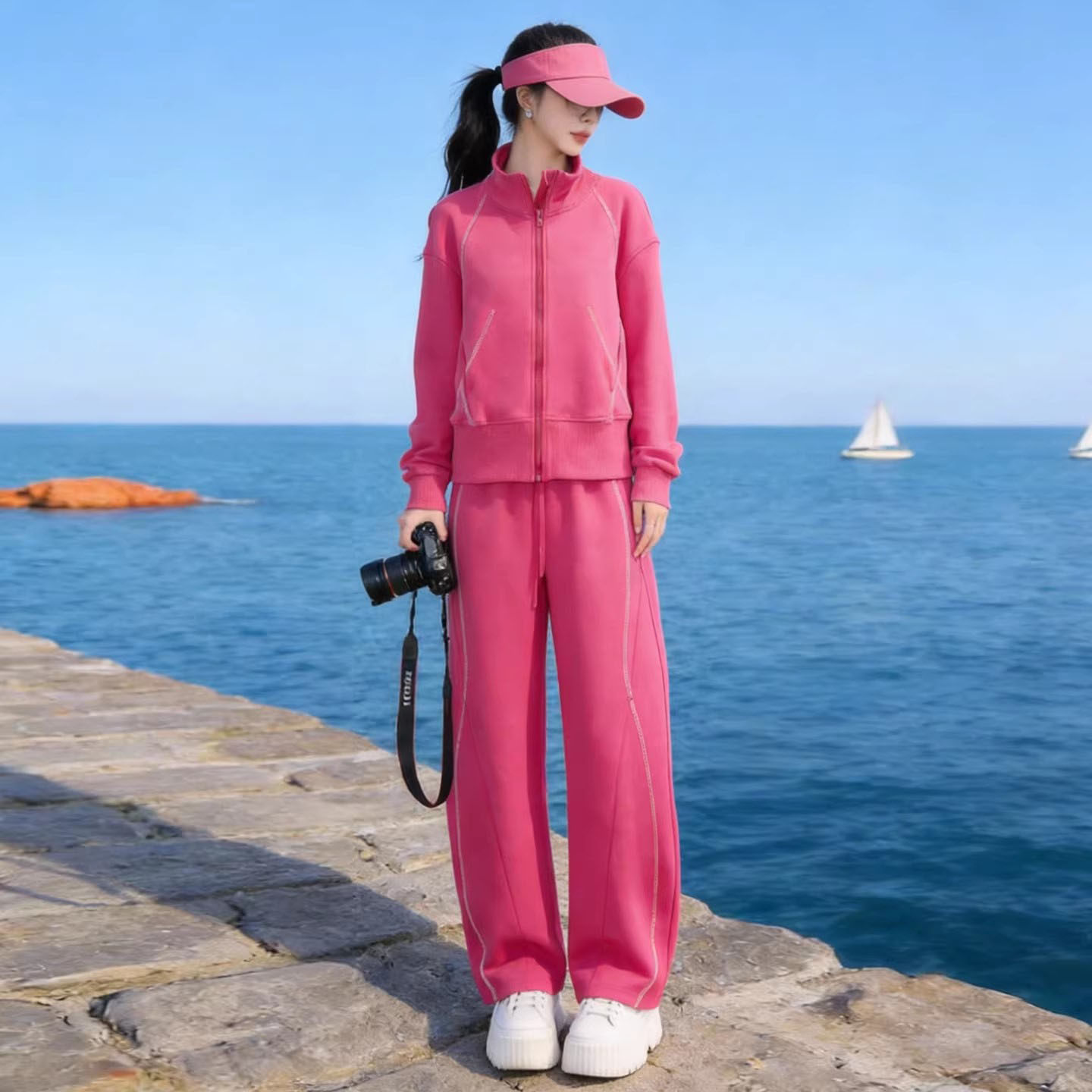 洋气玫红色休闲运动套装女2026春季时尚减龄外套上衣阔腿裤两件套