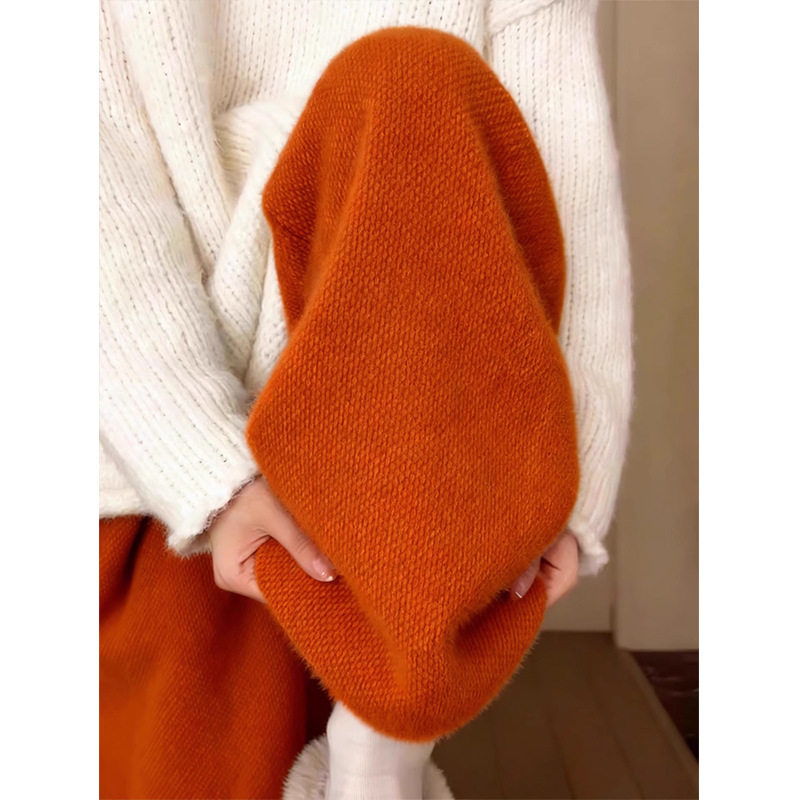 橘色水貂绒垂感针织裤2025独特超好看加绒裤子韩版宽松软糯糯米裤