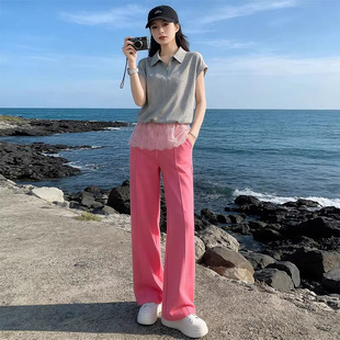 上衣粉色阔腿裤 两件套 洋气减龄灰色短袖 休闲搭配一整套女2026夏季