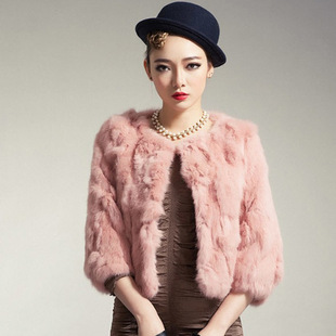 新款海宁纯色七分袖圆领短款兔毛皮草皮毛一体女外套反季清仓