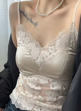 88601法式缎面蕾丝性感蝴蝶背吊带背心带胸垫内搭打底上衣美背女