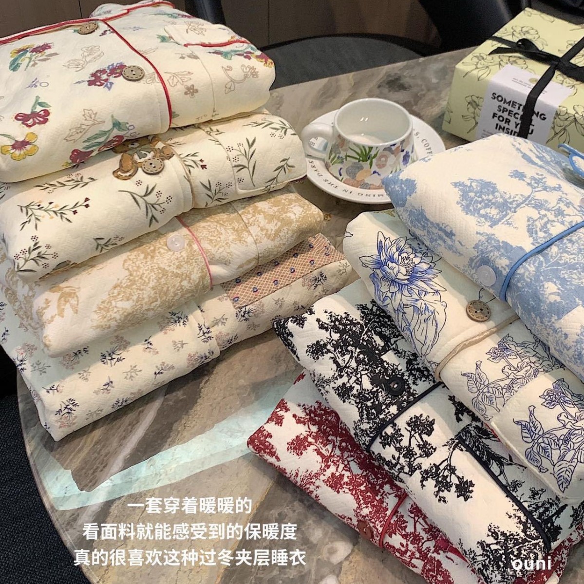 高品质加厚加棉冬天夹层棉莫奈花园睡衣套装口袋家居服女士睡衣