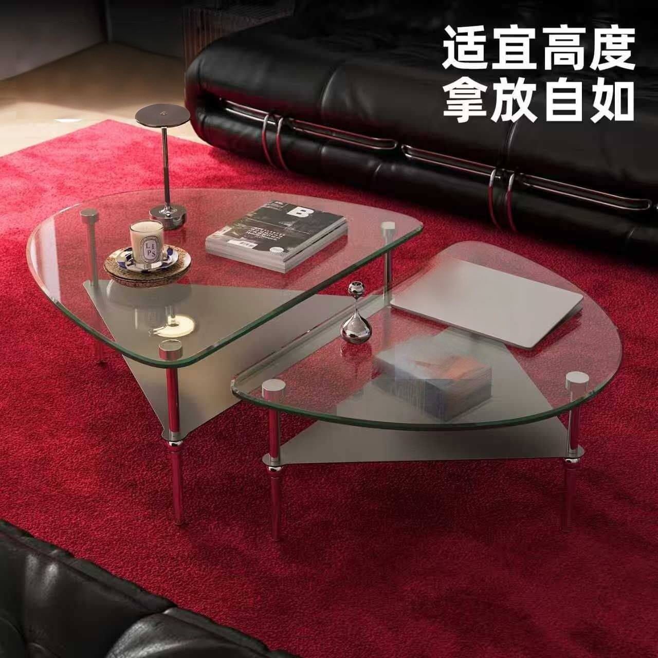 奶油风钢化玻璃不锈钢茶几组合