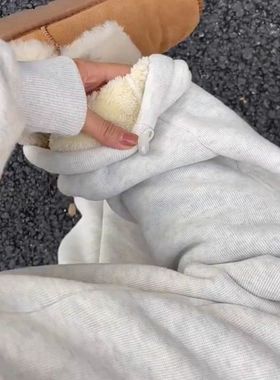 加绒羊羔绒休闲裤女秋冬保暖加厚直筒宽松长裤