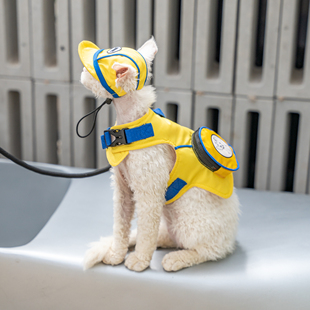 任发财 原创潮牌户外明黄遛猫胸背带德文无毛猫牵引绳胸背带