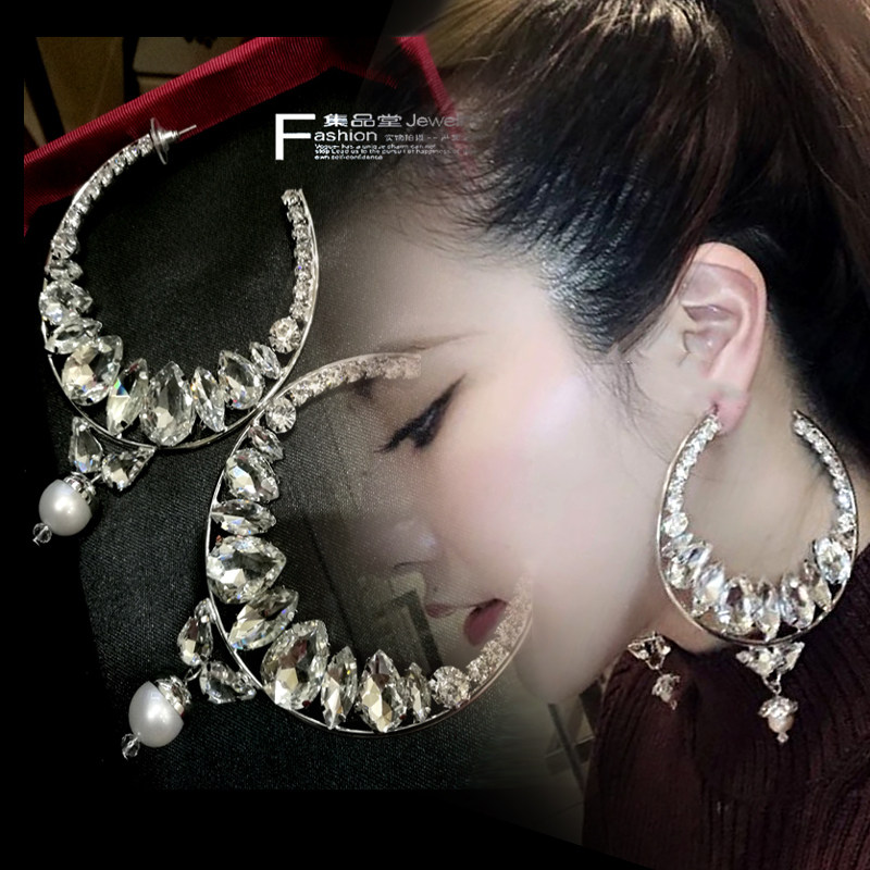 韩国欧美风格饰品夸张奢华水晶狂闪亮大耳圈925银针性感网红主播