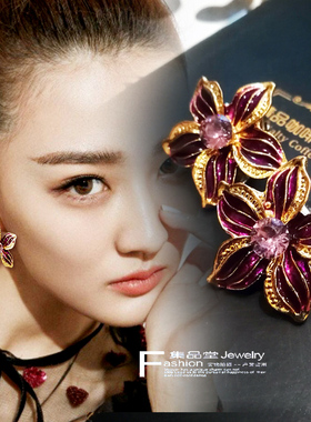 韩国欧美风饰品紫色水釉紫荆花耳性感通勤小清新合金时尚夹式防敏