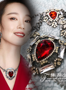 日韩欧美风情红色水晶大宝石项链耳钉套装合金不褪色皇冠时尚饰品