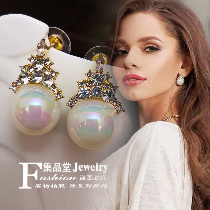 日韩欧美饰品珍珠元素水晶水滴闪水钻性感耳钉925银针人鱼姬炫彩