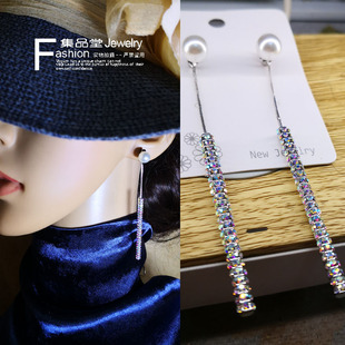 日韩风格夸张闪亮水钻细长珍珠棍子耳环饰品福利低价时尚气质孤品