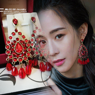 韩国欧美饰品夸张红色弧面宝石水晶水滴大红耳环网红主播性感原创