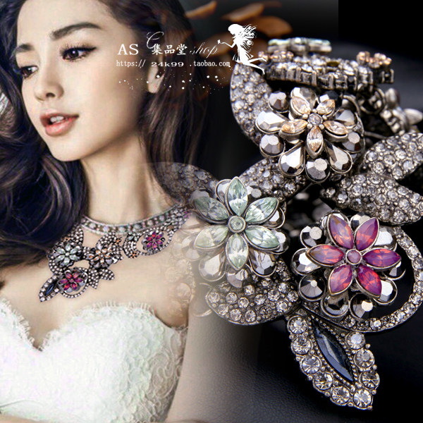 欧美韩国夸张水钻镶嵌宝石奢华复古流行饰品重工水晶项链泰银合金