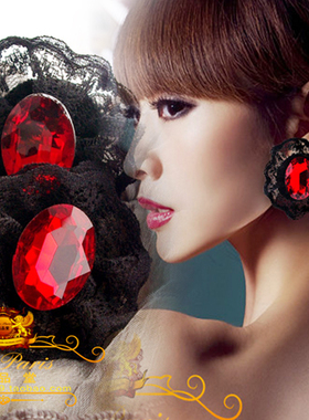 韩国欧美时尚耳钉黑色蕾丝红水晶宝石超闪性感防敏半透明优雅独特