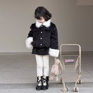 WONIU高级感~女童丝绒夹棉毛领两件套女宝宝菱格小香风外套秋冬