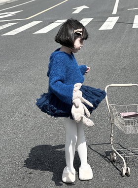 WONIU好显白呀~女童海马毛毛衣慵懒洋气儿童高级蓝色TUTU裙秋冬季