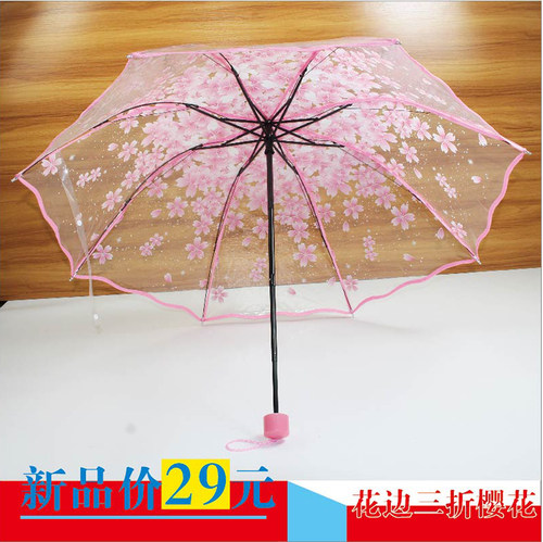 三折透明雨伞樱花图案
