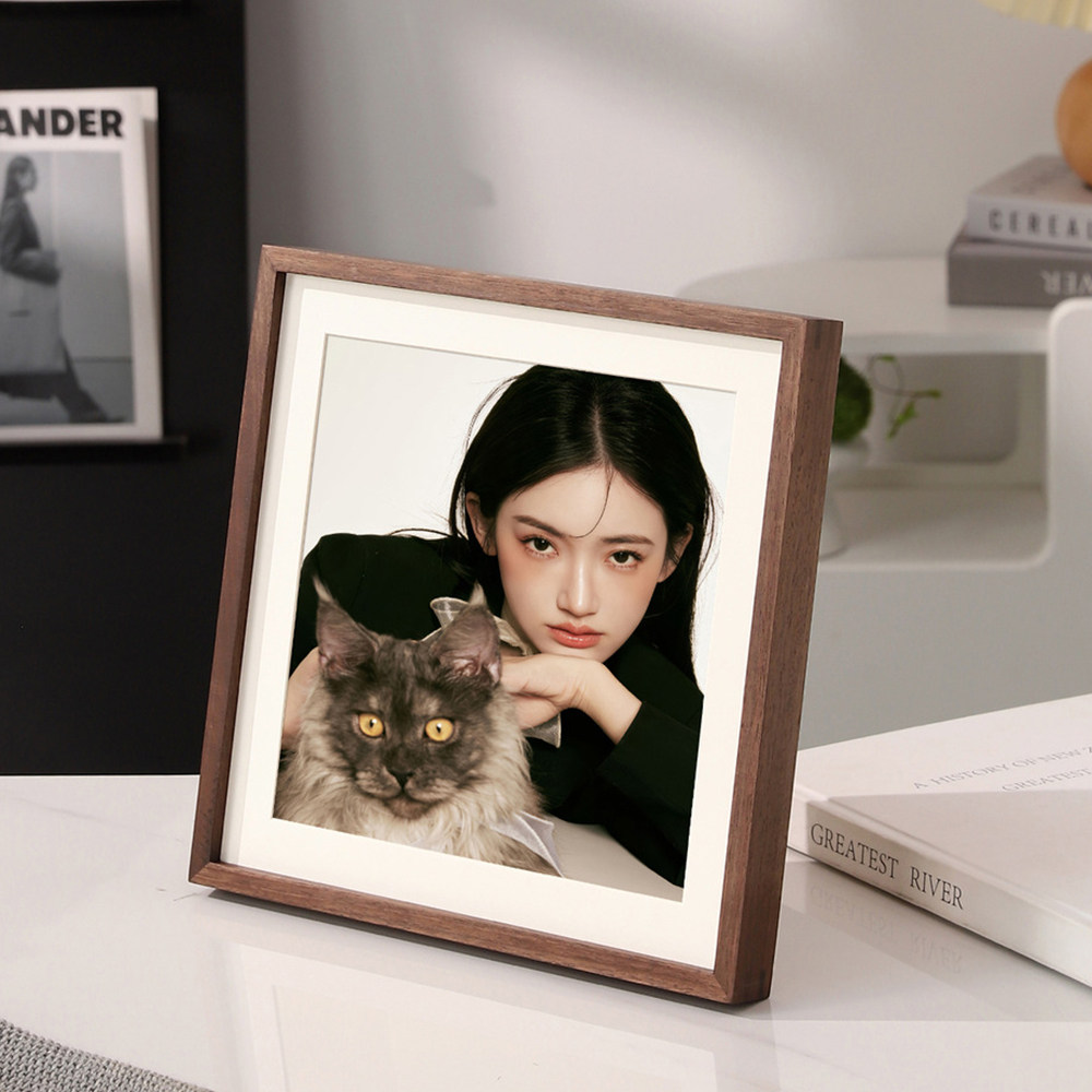 正方形实木相框摆台黑胡桃木榉木榫卯极简风窄边方形画框空框实木