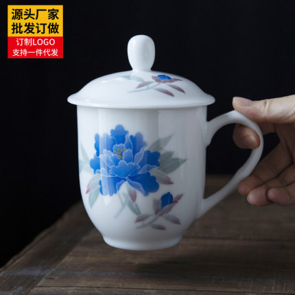 中式官窑釉下五彩陶瓷杯大容量带盖子手绘办公礼品会议喝茶水杯