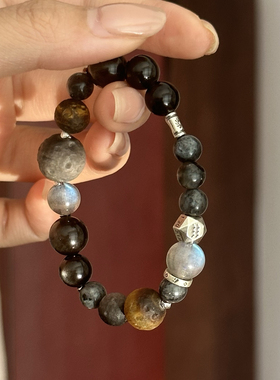 一加一shop原创星座星系手串男女同款弹力绳天然灰月光纯银银曜石