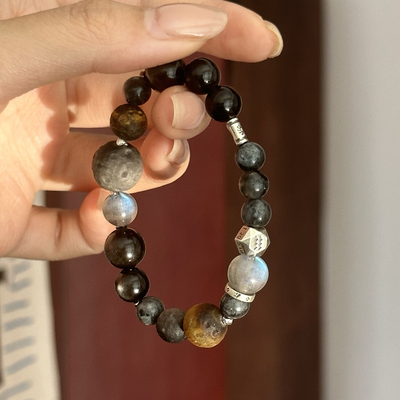 一加一shop原创星座星系手串男女同款弹力绳天然灰月光纯银银曜石