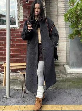 CC-LL韩国东大门代购 秋冬新款 翻领气质显瘦单排扣长款毛呢外套