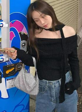 CC-LL韩国东大门代购 秋冬新款 围巾飘带一字露肩气质长袖针织衫