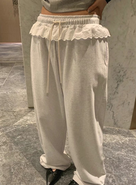 CC-LL韩国东大门代购 春季新款 蕾丝花边拼接 松紧腰直筒休闲裤