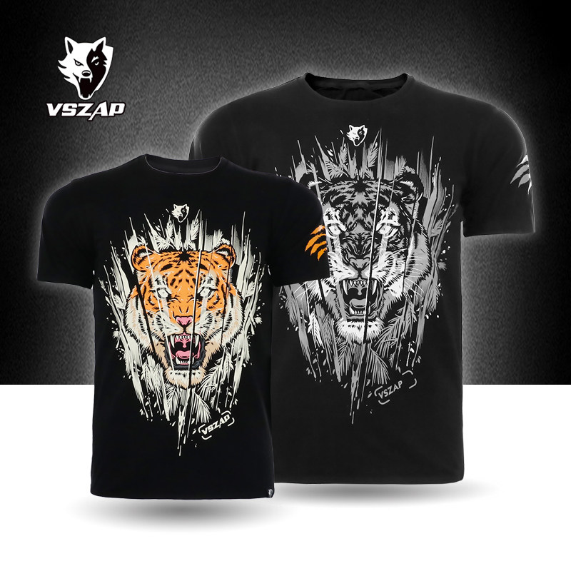 VSZAP泰拳老虎纯棉踢拳MMA弹力运动UFC训练拳击服短袖搏击T恤格斗