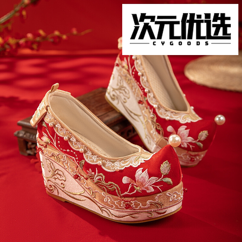 新款超高跟汉服鞋子女10cm内增高翘头弓鞋绣花鞋珍珠串珠秀禾婚鞋图片