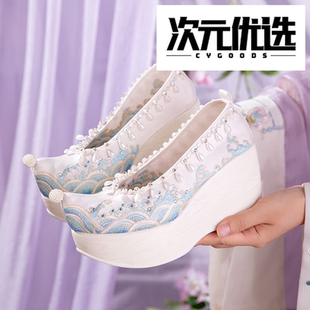 春夏新款超仙汉服鞋子女内增高10cm古风绣花鞋红色喜庆秀禾婚鞋女