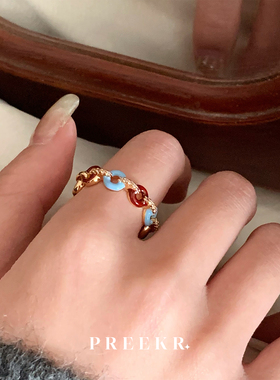 复古彩色滴釉甜甜圈开口戒指