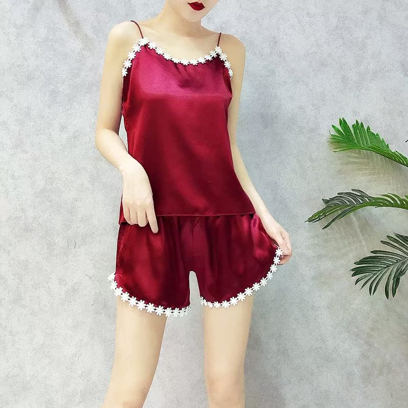 春夏裝2018短褲女吊帶背心打底衫松緊腰花邊新款睡衣家居兩件套裝