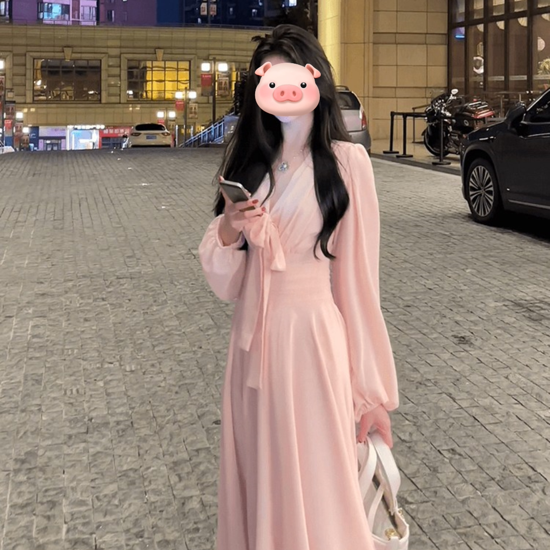 大码微胖mm法式甜美温柔风V领系带连衣裙女早秋气质收腰超仙长裙