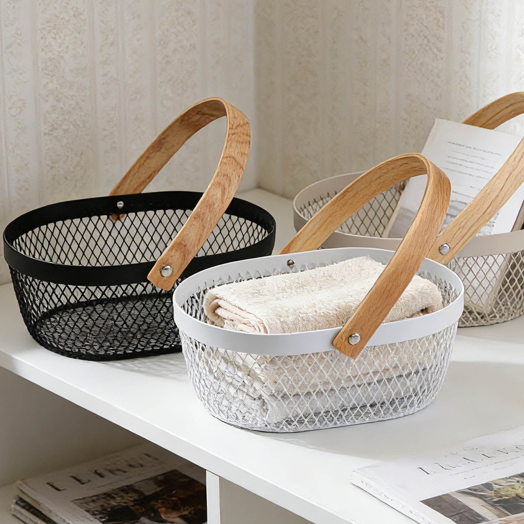 原木手柄手提篮ins风铁艺镂空迷你水果篮宿舍桌面杂物网红收纳篮