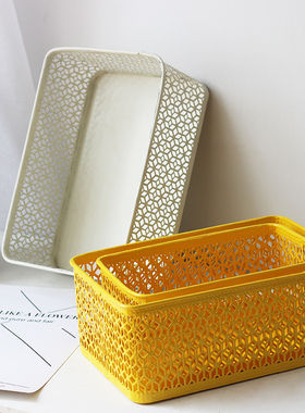 桌面收纳盒化妆品零食储物盒茶几铁艺收纳筐杂物玄关黄色收纳篮
