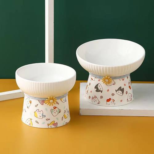 斜口陶瓷猫碗猫喝水护颈椎高脚可爱宠物碗防打翻猫粮i猫咪用品