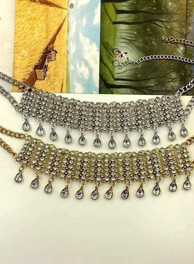 欧美时尚项圈项链复古夸张镶钻水晶吊坠水滴宝石流苏锁骨链项链女